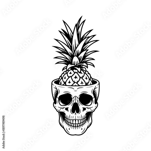 A creative black and white vector illustration of a pineapple growing out of an open human skull. Detailed high-contrast graphic art isolated on a white background.