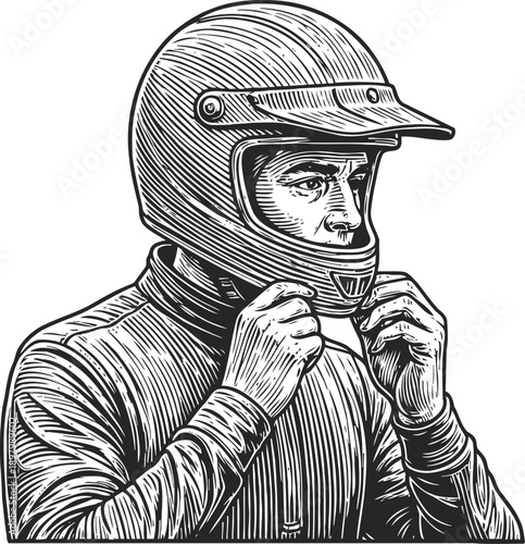 racer putting on helmet detailed vintage engraving of motorbike rider preparing for race