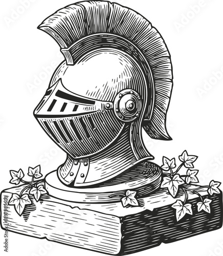 Vintage knight helmet with plume on stone pedestal surrounded by ivy leaves engraving design