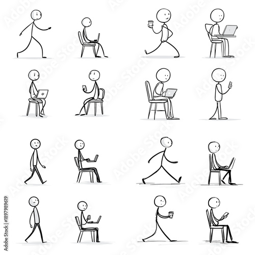 Stick figure everyday activity poses showing sitting walking working and resting actions. Hand drawn illustration for daily life concepts character behavior and animation reference.