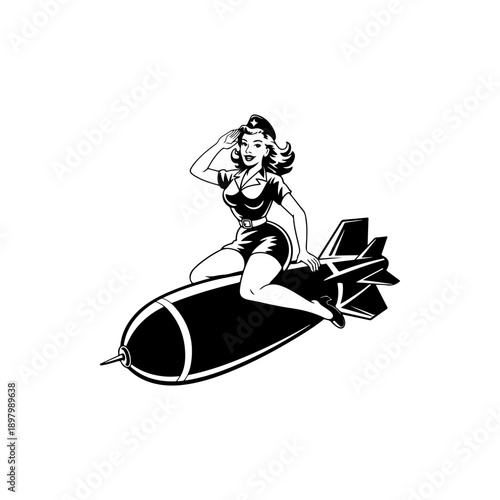 A classic black and white retro vector illustration of a pin-up girl sitting on a flying bomb. Stylish vintage nose art aesthetic in a clean minimalist mascot style.