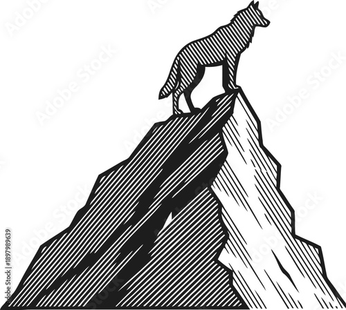 Wolf standing on mountain peak silhouette wild animal in nature, forest predator symbol