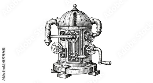 Intricate Steampunk Machine Engraving. Vintage Industrial Mechanism with Gears, Pipes, and Crank. Isolated Black and White Sketch.