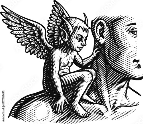 small devil whispering in ear of person, good versus evil concept illustration