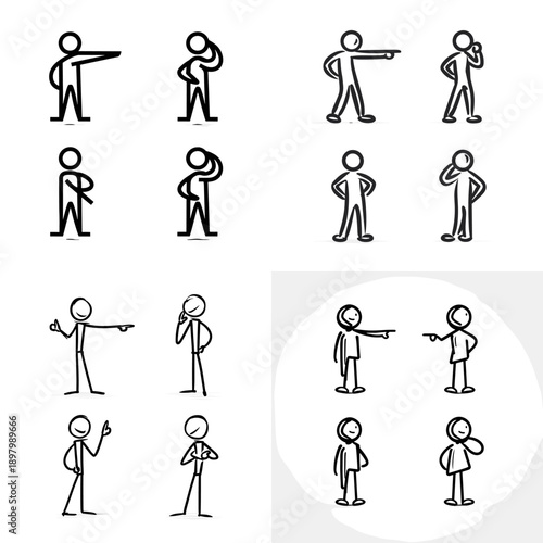 Stick figure pointing and communication poses showing direction explanation and interaction. Hand drawn illustration for guidance concepts body language and character design.