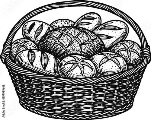Assorted freshly baked bread varieties in a woven basket traditional artisan bakery selection with different shapes and crust patterns