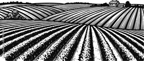 Black and white illustration of cultivated farmland with plowed fields and farmhouse