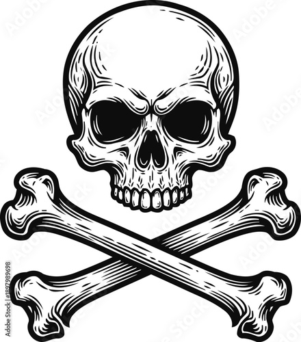 Skull and crossed bones illustration, classic pirate symbol, monochrome danger and warning design