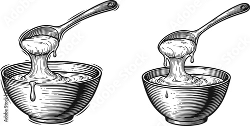 pouring creamy yogurt into bowls with spoons dripping smooth texture, hand drawn
