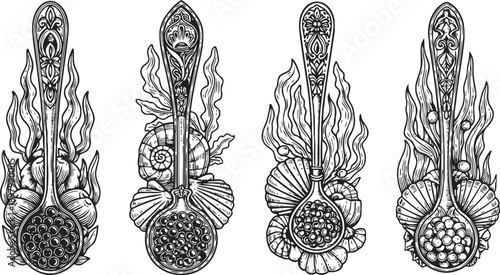 Intricate black and white ornamental spoons with shells and elaborate decorative details set