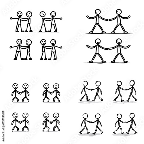 Stick figure group and friendship poses showing togetherness unity and bonding. Hand drawn illustration for relationship concepts teamwork and social interaction visuals.