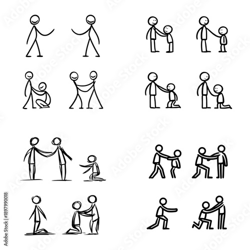 Stick figure interaction poses showing helping pulling pushing and cooperation actions. Hand drawn simple illustration for teamwork support concepts and character animation.