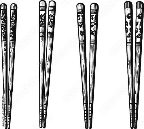Set of four pairs of wooden chopsticks with intricate asian patterns and designs, isolated on white background