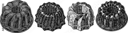 Four vintage bundt cake illustrations decorative detailed desserts with various shapes and patterns, classic bakery design elements