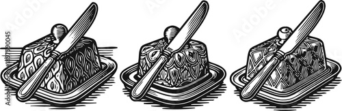 butter on plate with knife set of three black and white vintage engraved illustrations of butter pieces on dishes with spreading knives