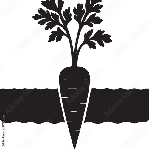 Black Silhouette of Carrot with Leaves Growing in Soil
