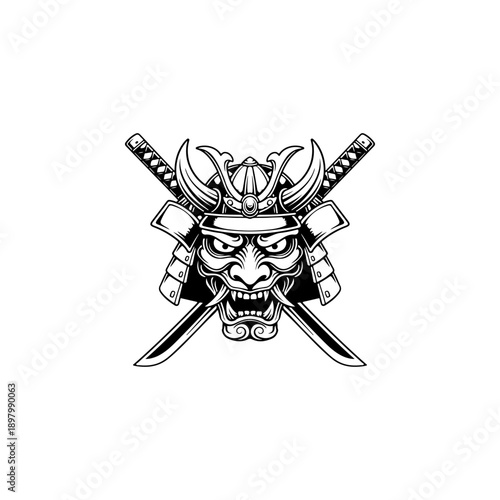 Wallpaper Mural A detailed black and white vector illustration of a traditional Japanese samurai Oni mask with a horned helmet and crossed katanas. A powerful, symmetrical warrior emblem. Torontodigital.ca
