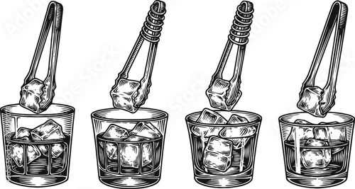 Whiskey glass set with ice cubes being dropped with tongs in vintage engraving