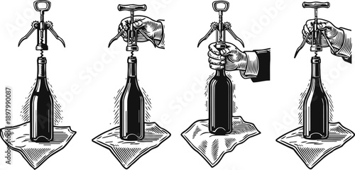 Vintage corkscrew opening wine bottle set classic hand tool with cloth napkin illustrations