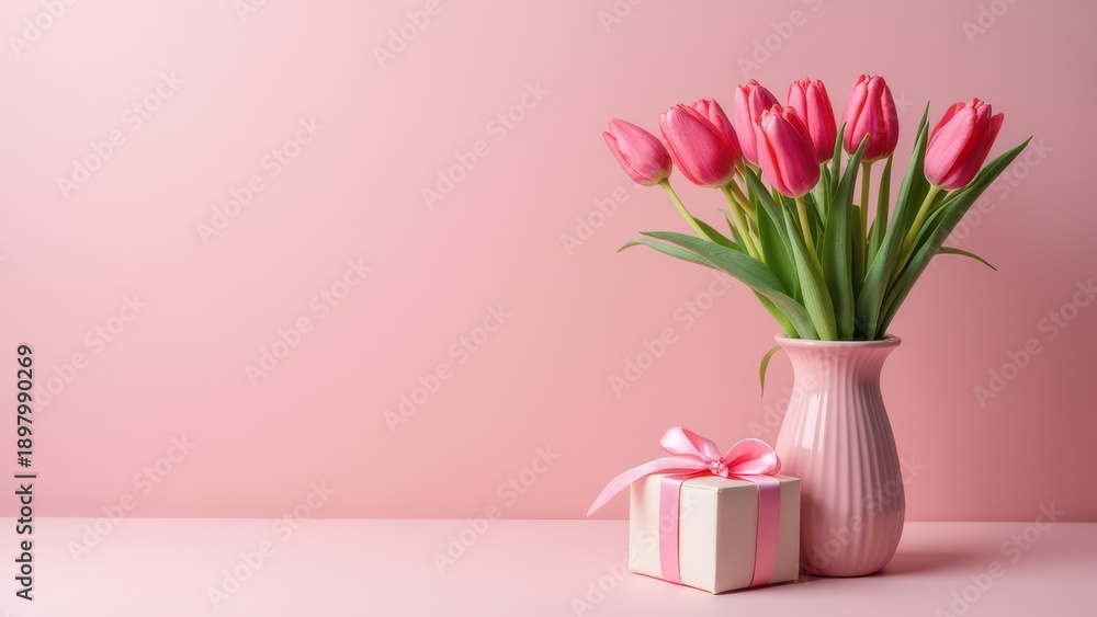 Fototapeta premium beautiful pink tulips arranged with craft gift on colored background festive spring still life scene with romantic mood concept of floristry gifting events business