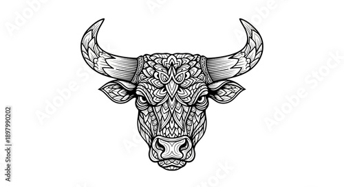 Ornate Bull Head Mandala Line Art Vector. Intricate Ox Illustration for Adult Coloring Books, Detailed Tattoo Design, or Taurus Zodiac Symbol.