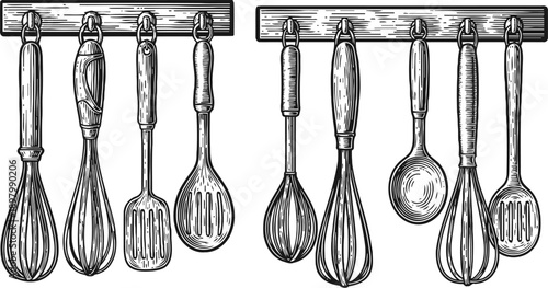 Hand drawn kitchen utensils set hanging on wooden racks whisks, spatulas, spoons, and ladles detailed illustration