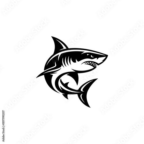 A powerful black and white vector illustration of an aggressive shark with sharp teeth and dynamic fins. A clean, high-contrast marine predator mascot on a white background.