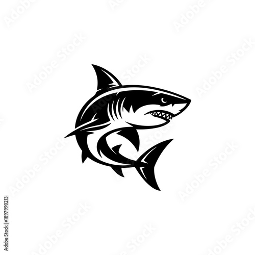 A powerful black and white vector illustration of an aggressive shark with sharp teeth and dynamic fins. A clean, high-contrast marine predator mascot on a white background.