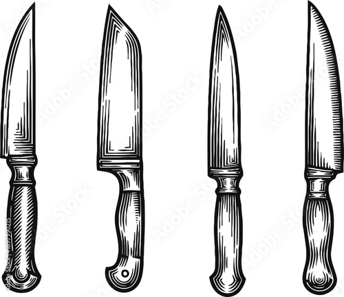 vintage kitchen knives set four hand drawn chef knives with wooden handles classic cutlery collection for cooking and food preparation