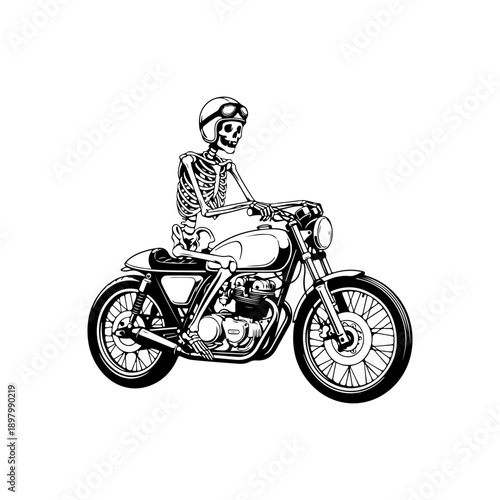 Detailed black and white vector illustration of a human skeleton riding a classic cafe racer motorcycle. Gritty vintage biker aesthetic isolated on a white background.