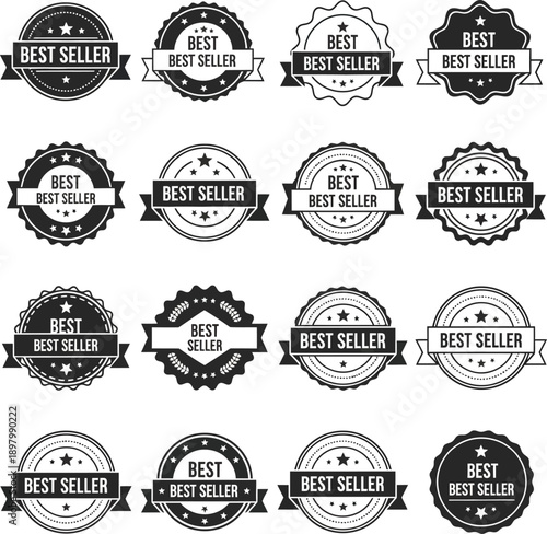Vector art of variety of best seller badges and labels.
Best Seller Badge Set Black and White Marketing Labels.