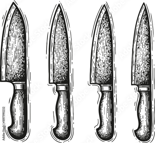 Vintage knife set illustration with detailed wooden handles and sharp blades