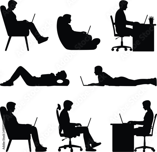Laptop posture silhouette set, seated and reclined user positions, ergonomic and casual tech usage concept, productivity scene, flat vector illustration