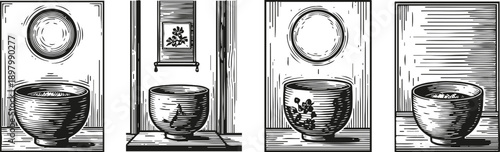 traditional japanese tea cups with intricate designs in a minimalist setting