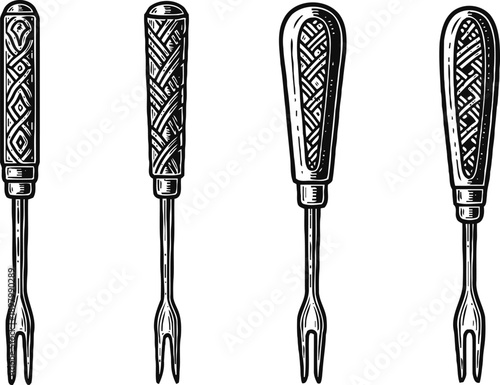 set of vintage two pronged forks with decorative wooden handles in black and white