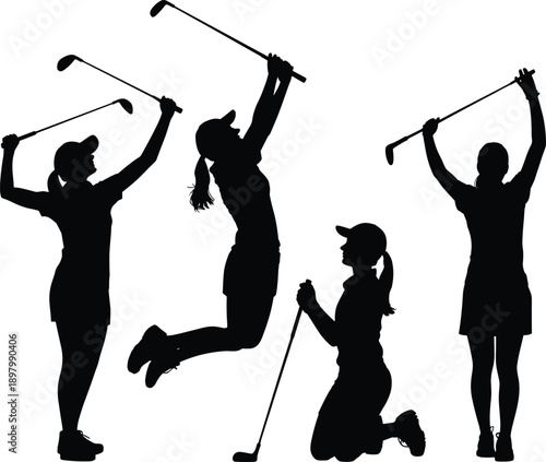 Golf players silhouettes swinging clubs in dynamic poses, women sport action celebration concept, athletic competition flat vector illustration fitness outdoor