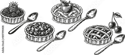 Hand drawn dessert tarts with various fruits and spoons, vintage black and white illustration