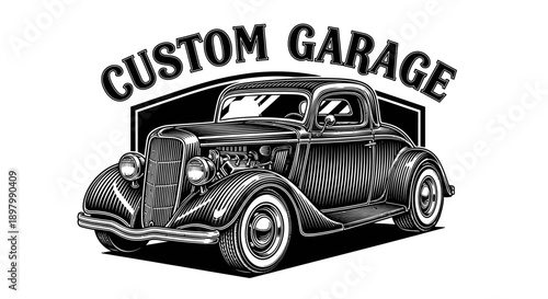 Retro Custom Garage Logo: Classic Hot Rod Car Vector Illustration in Detailed Vintage Engraving Style, Black and White Emblem.