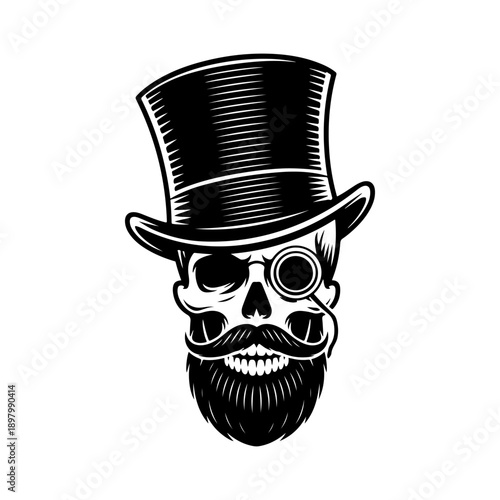 A sophisticated black and white vector illustration of a human skull featuring a top hat, a monocle, and a groomed beard. A stylish vintage gentleman emblem.