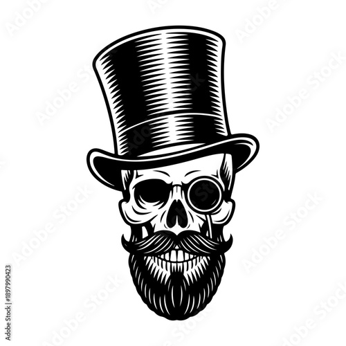 A sophisticated black and white vector illustration of a human skull featuring a top hat, a monocle, and a groomed beard. A stylish vintage gentleman emblem.