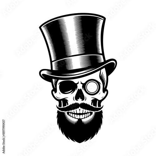A sophisticated black and white vector illustration of a human skull featuring a top hat, a monocle, and a groomed beard. A stylish vintage gentleman emblem.