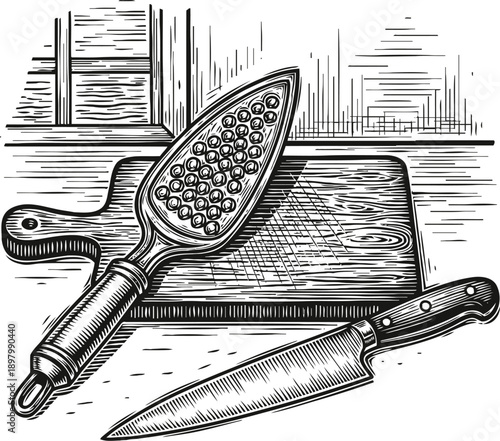 Kitchen grater and chef knife on wooden cutting board, vintage cooking utensils illustration