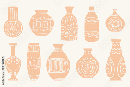 Set of cute hand drawn ceramic vases with simple abstract and floral patterns in soft pastel peach tones. Minimal flat spring illustration perfect for posters, home decor, greeting cards and design pr