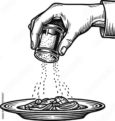 Hand sprinkling salt on food plate seasoning meal, cooking ingredient, culinary preparation