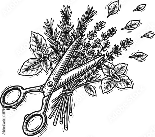 Scissors cutting fresh herbs bunch with flying leaves botanical garden garden plants and organic natural foliage illustration