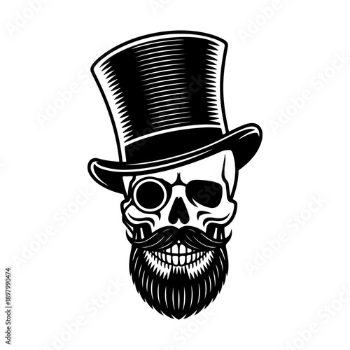 A sophisticated black and white vector illustration of a human skull featuring a top hat, a monocle, and a groomed beard. A stylish vintage gentleman emblem.