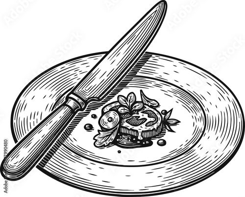 Knife on round plate with herbs and sauce, vintage engraved kitchen utensil illustration
