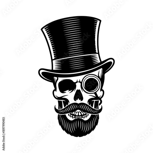 A sophisticated black and white vector illustration of a human skull featuring a top hat, a monocle, and a groomed beard. A stylish vintage gentleman emblem.