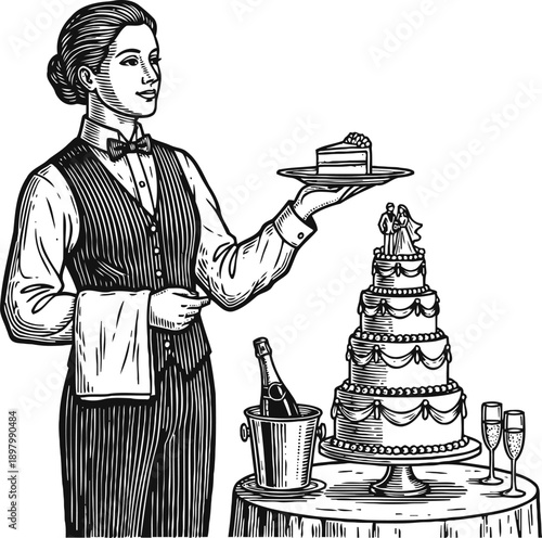 Waiter serving wedding cake slice near tiered wedding cake with champagne glasses