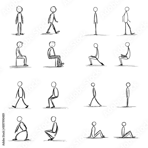 Stick figure sitting and floor poses showing relaxed and waiting positions. Hand drawn simple illustration for character emotion posture study and animation reference use.
